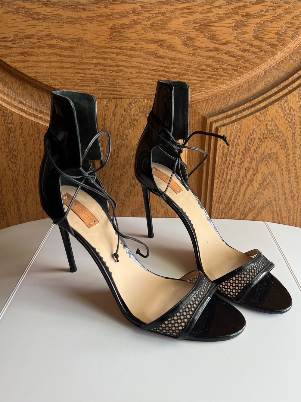 Reed Krakoff Black Patent Leather Mesh Lace-Up Stiletto Sandals Ankle Wrap EU 40